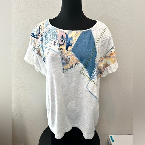 CHICO'S | White Boho Patchwork Detail Bateau Neck Short Sleeve Tee | XL - Picture 4 of 9